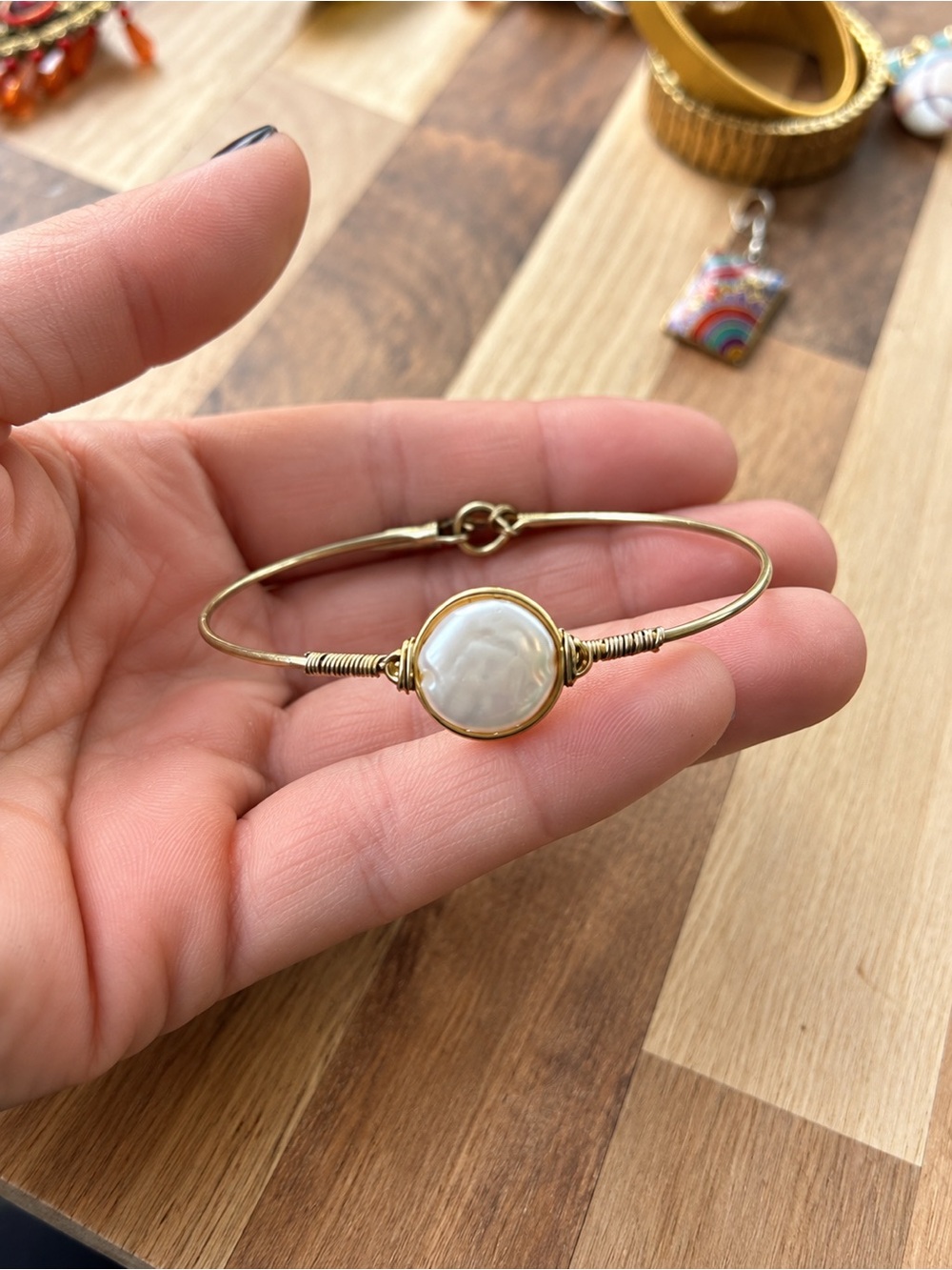 Artisan Gold Tone Wire Wrapped Pearl Bangle Bracelet Boho Statement Jewelry